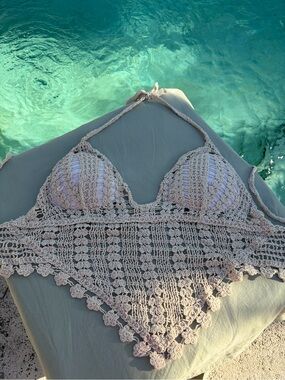 Cream Crochet Halter Crop Top Fringe Festival Beach Cover Up One Size